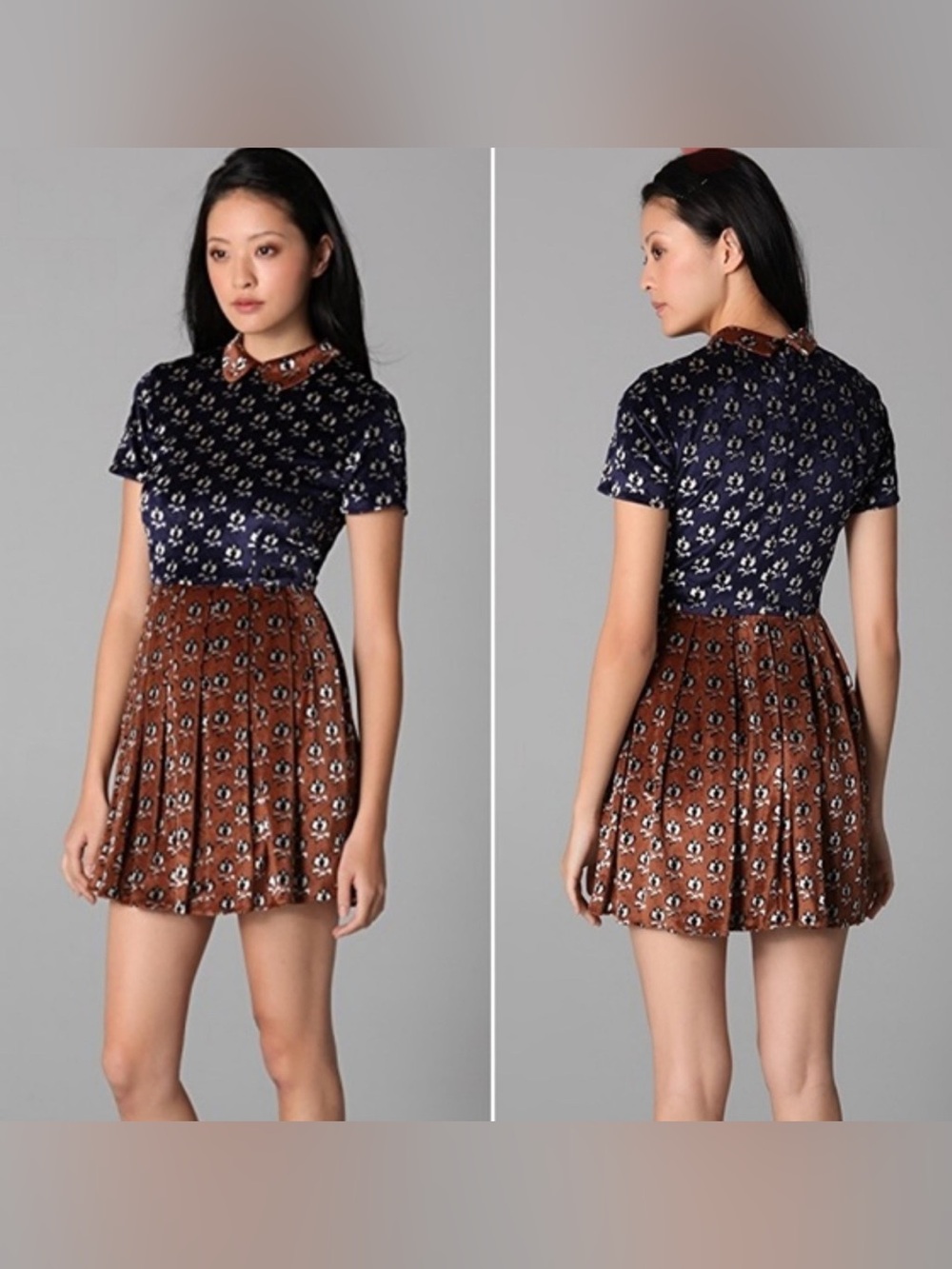 Opening Ceremony Navy and Brown Floral Pleated Mini Skirt